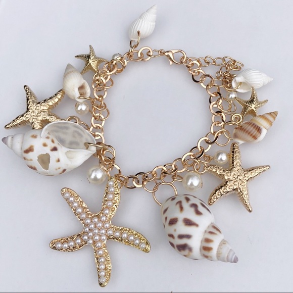 🌊🐚 Gold Charm Bracelet Real Shell Pearl Starfish - Picture 3 of 7